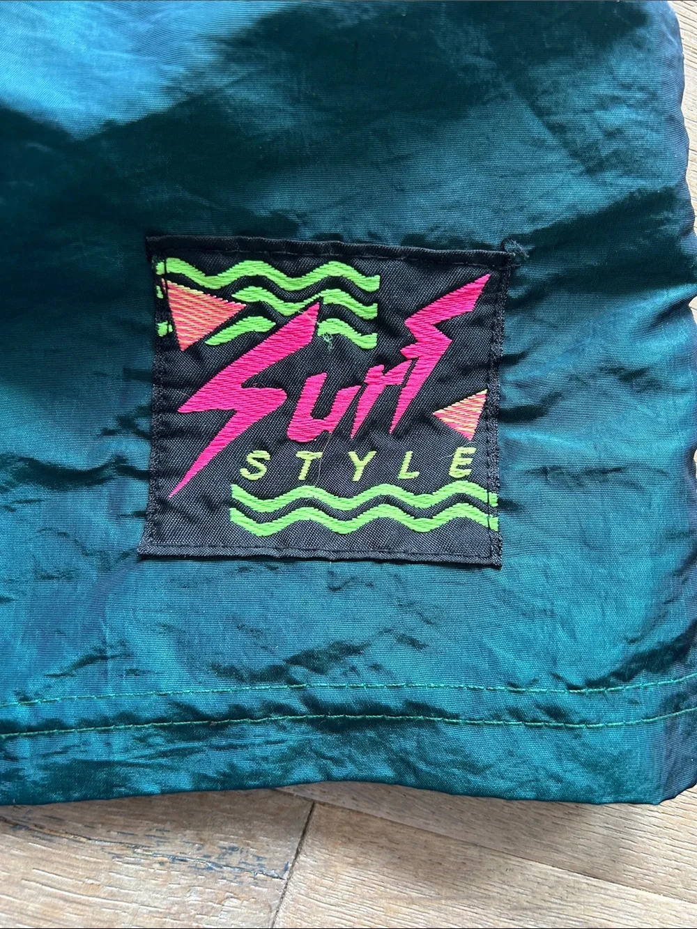 surf style Men's Athletic Shorts in Dark Green with Neon Pink Patch